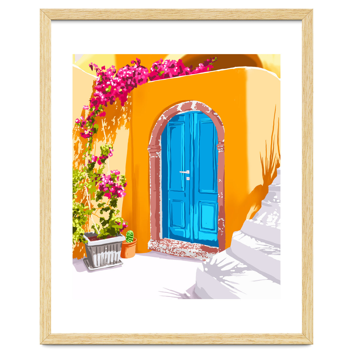 Sunny Morocco, Summer Architecture Greece Travel Painting, Boungainvillea Tropical Floral