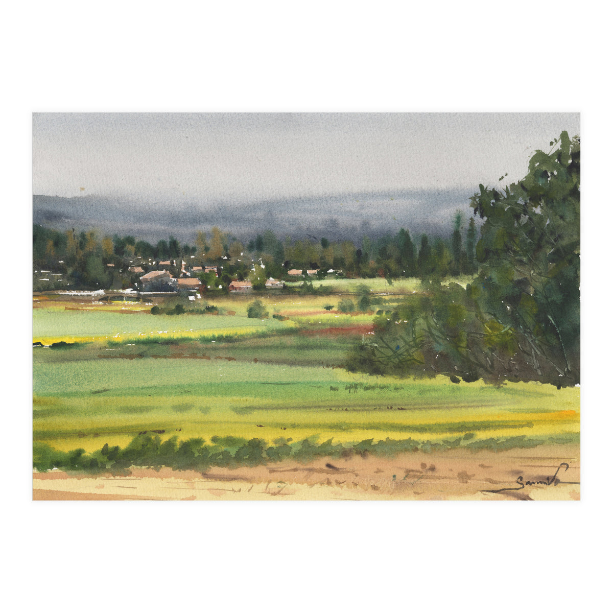 Sunny Landscape Painting Watercolor (Print Only)