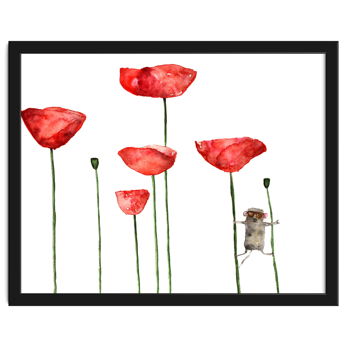 Little mouse loves big poppies || watercolor for nursery