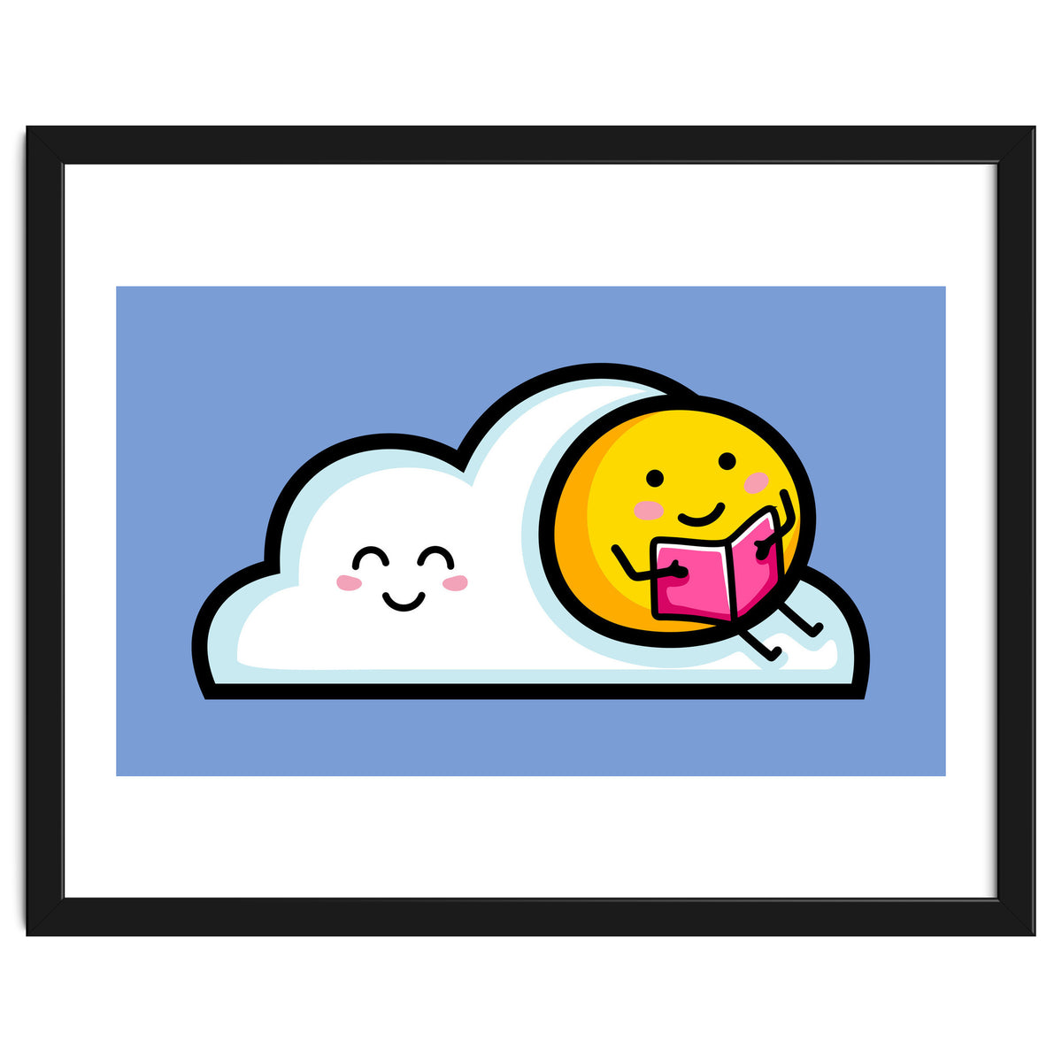 Kawaii Cute Sun Reading A Book On A Cloud