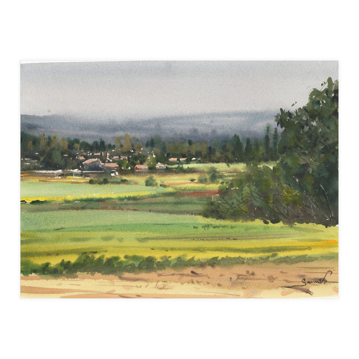 Sunny Landscape Painting Watercolor (Print Only)