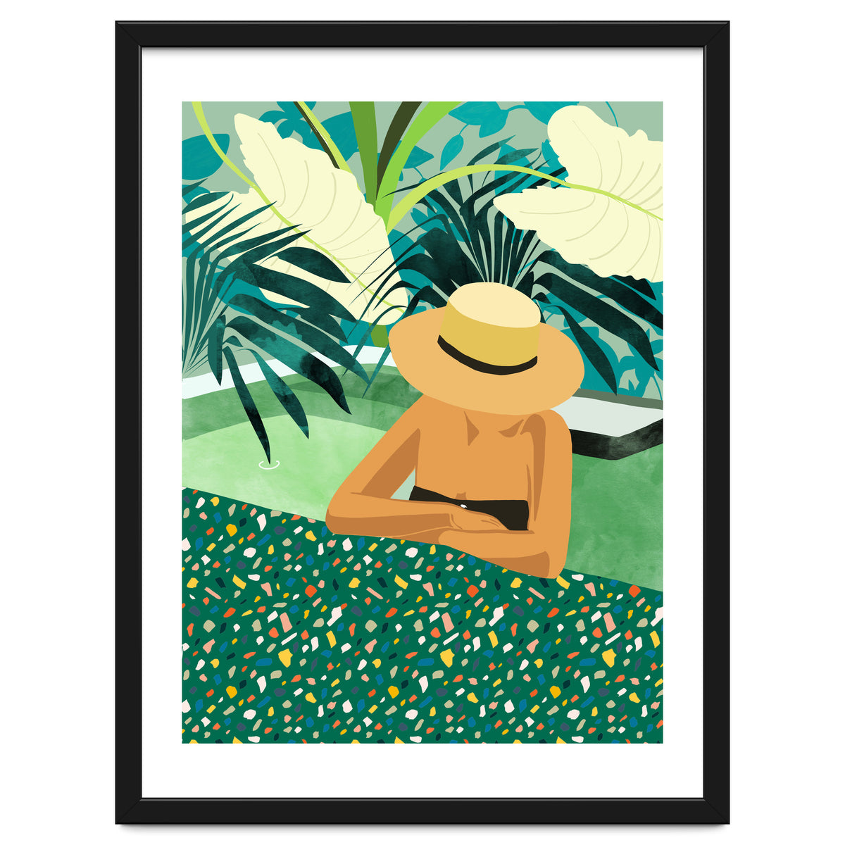 Chill, Modern Bohemian Black Woman Travel Illustration | Terrazzo Tropical Swimming Pool Fashion
