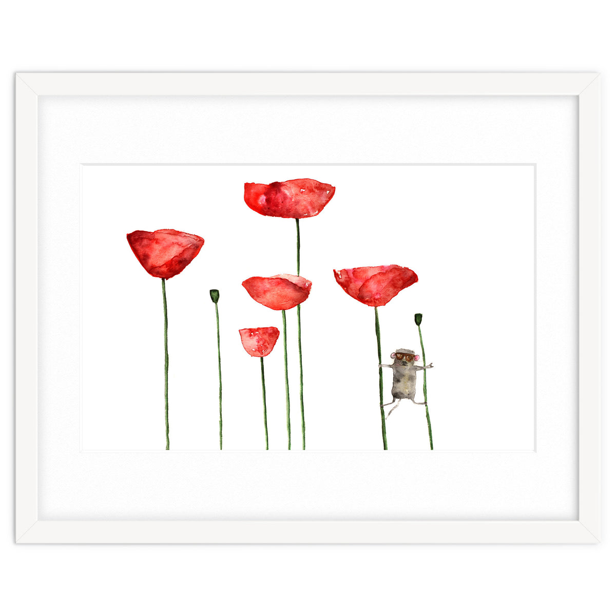 Little mouse loves big poppies || watercolor for nursery