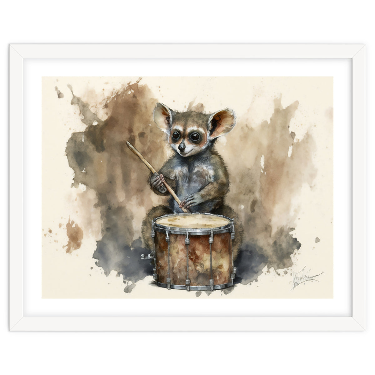Bush Baby Playing Drum Watercolor Painting