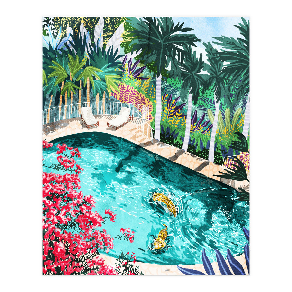 Luxury Tiger Villa illustration, Architecture Travel Nature Painting, Hotel Landscape Garden (Print Only)