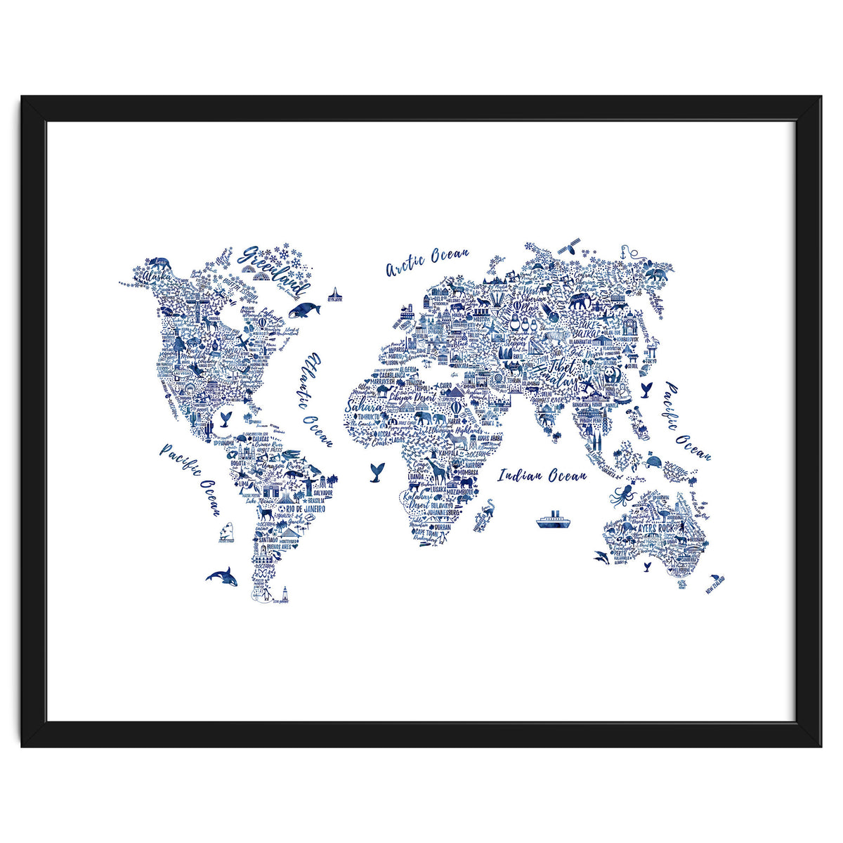 Watercolor World Map in Blue