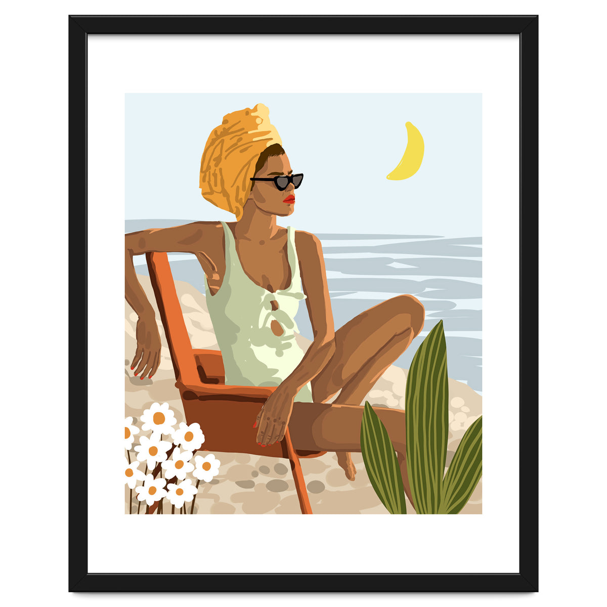 Moon Child, Beach Vacation, Black Woman Illustration Travel Ocean, Tropical Bohemian Fashion