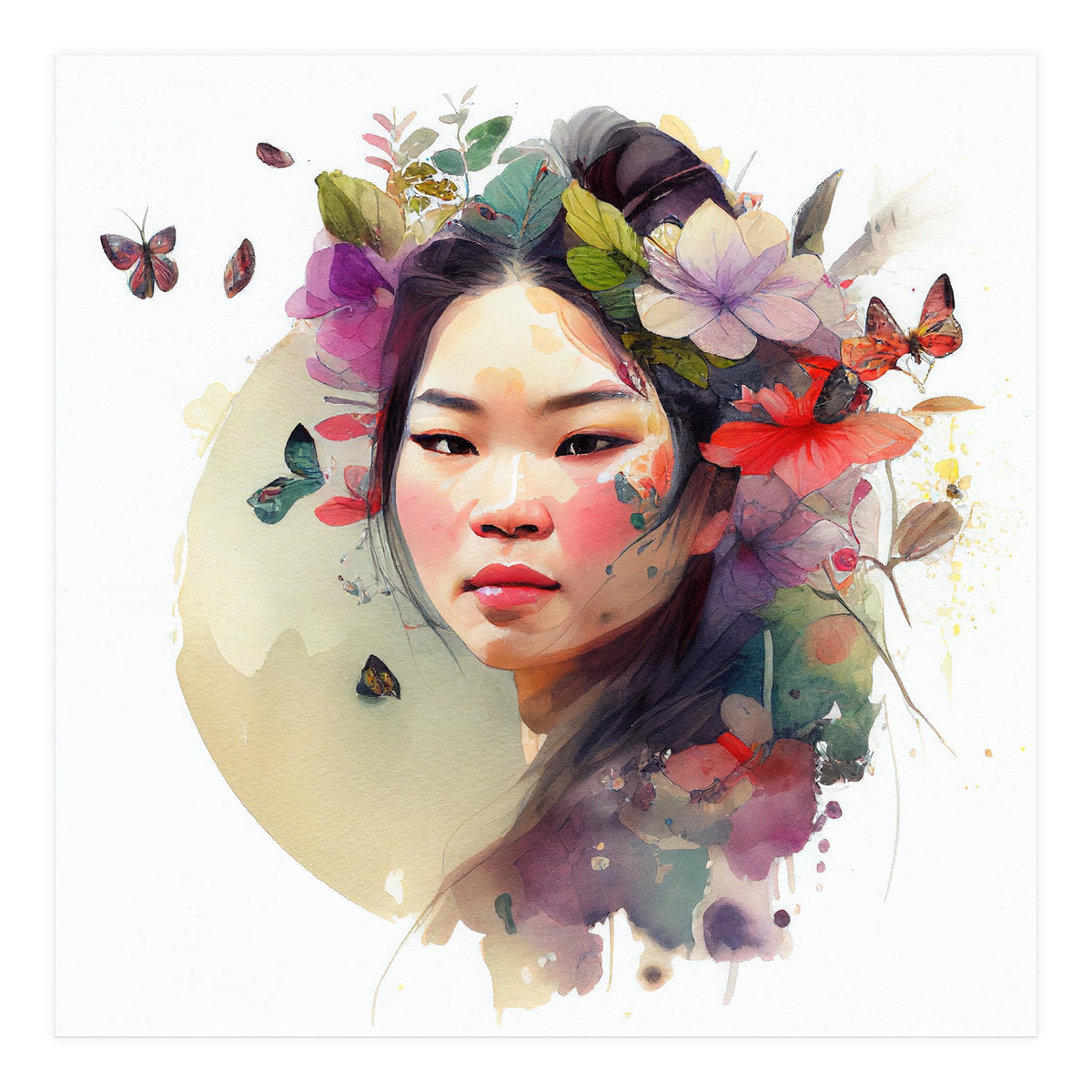 Watercolor Floral Asian Woman #3 (Print Only)