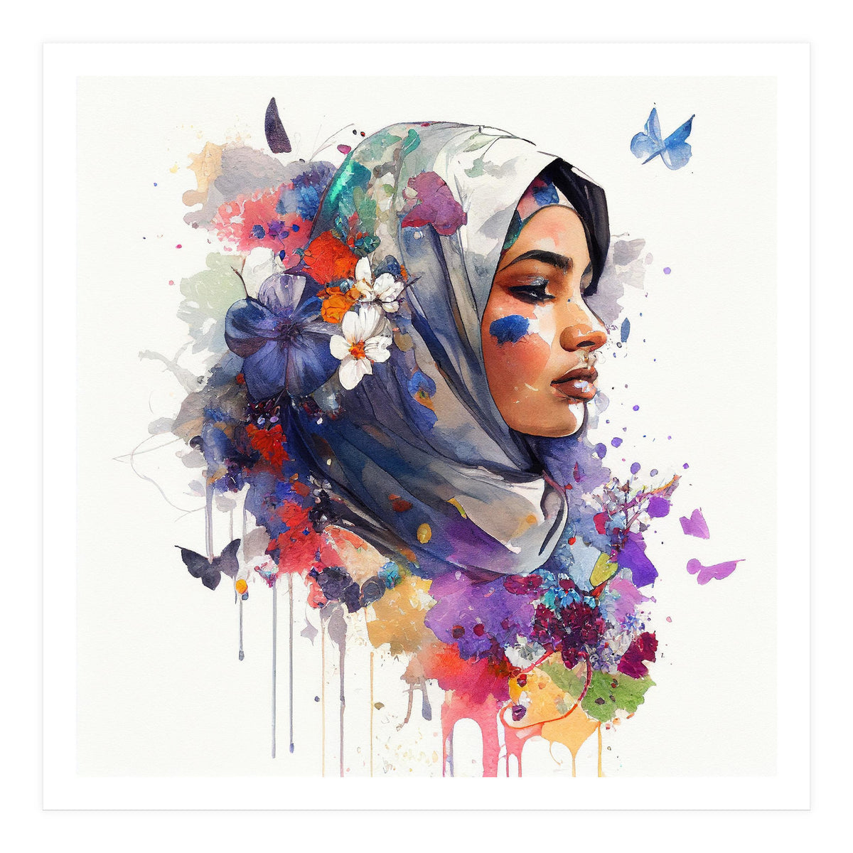 Watercolor Floral Muslim Arabian Woman #5 (Print Only)