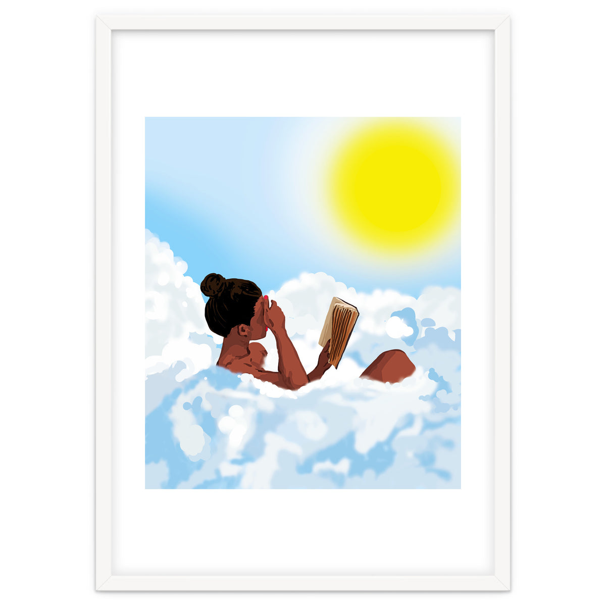 Reading on Clouds, Black Woman Summer Sunny Day Book Painting, Bohemian Nude