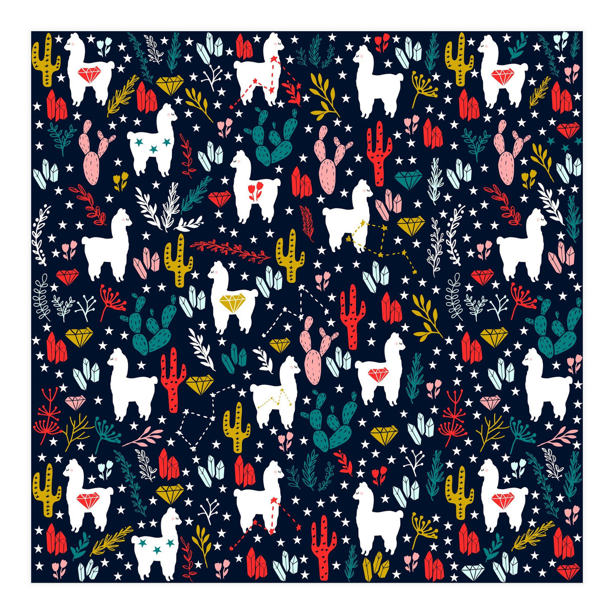 Cute Alpaca Pattern with Cacti, Stars and Crystals (Print Only)