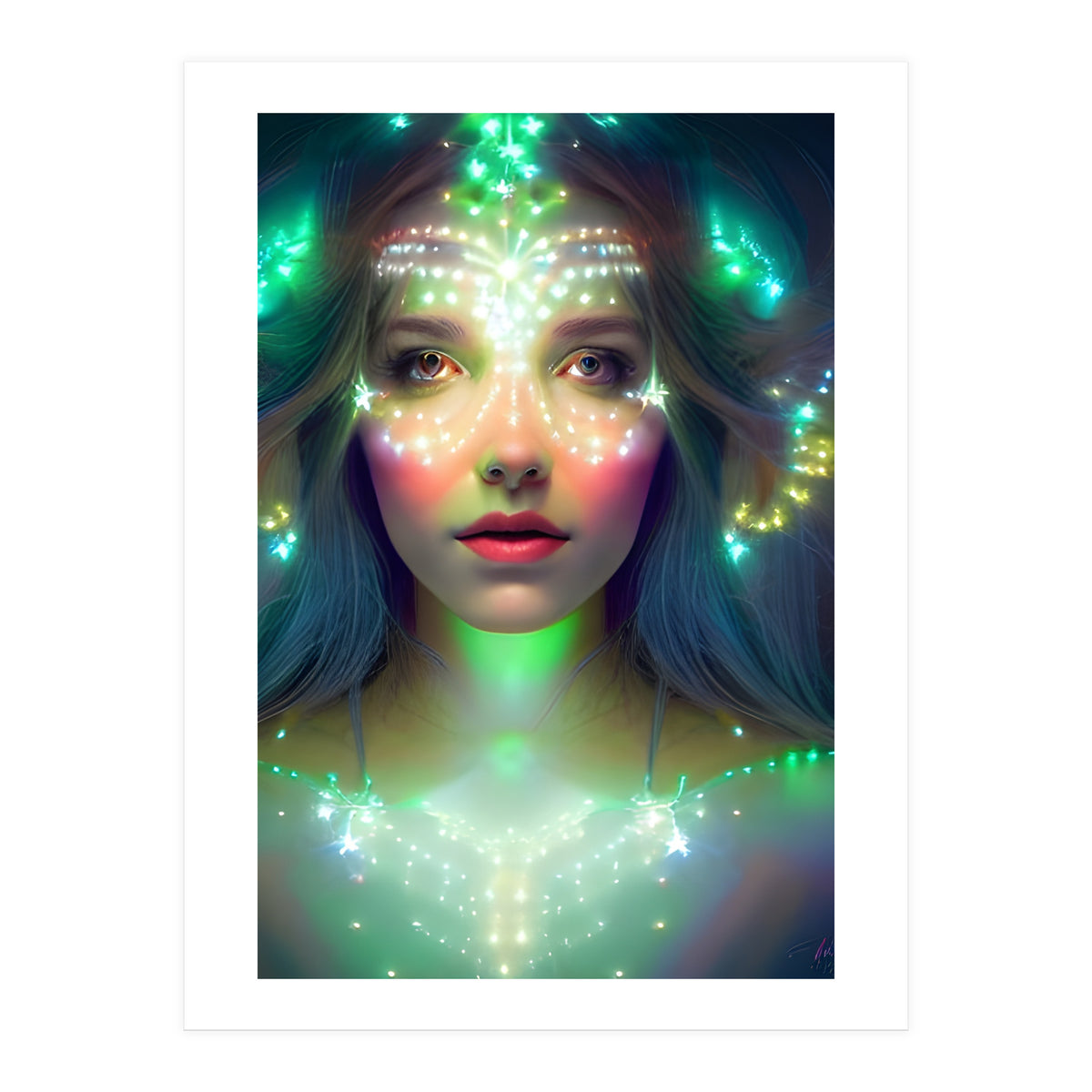 Glowing Green Stars - Goddess of Light Digital Fantasy Artwork (Print Only)
