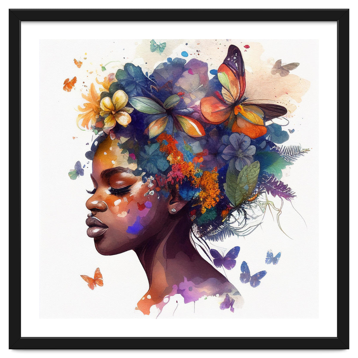 Watercolor Butterfly African Woman #7