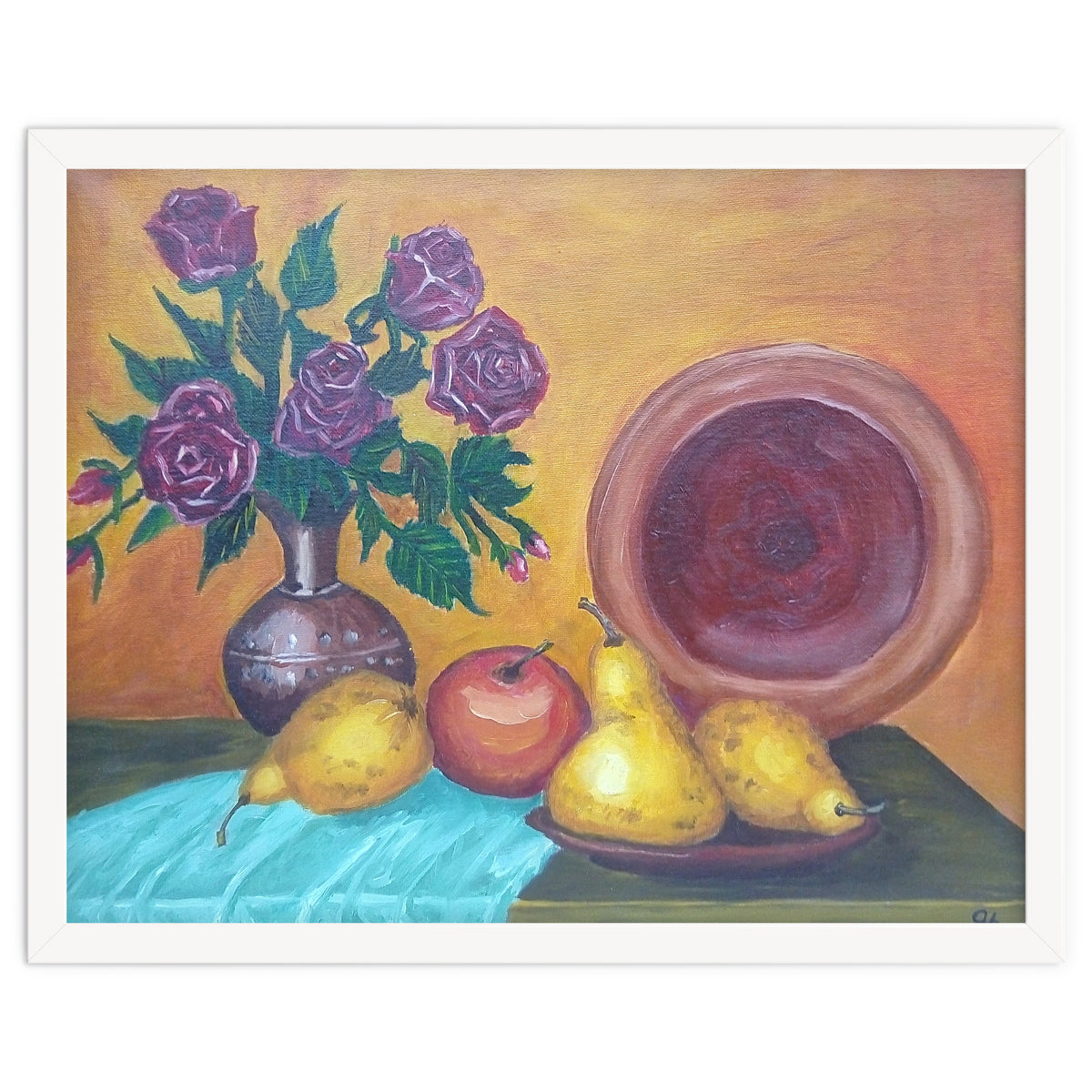 Still life with pears, roses and a dish.