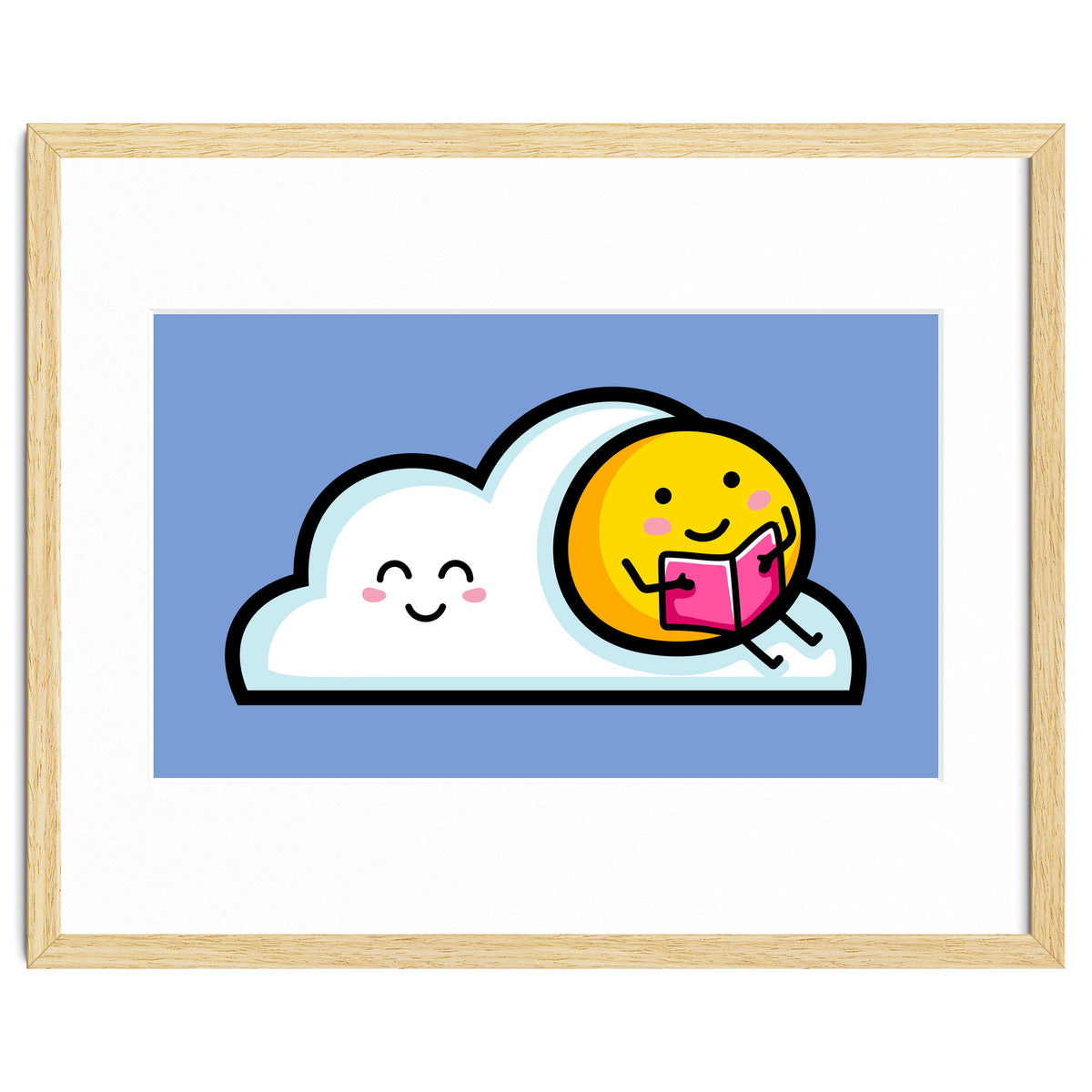 Kawaii Cute Sun Reading A Book On A Cloud