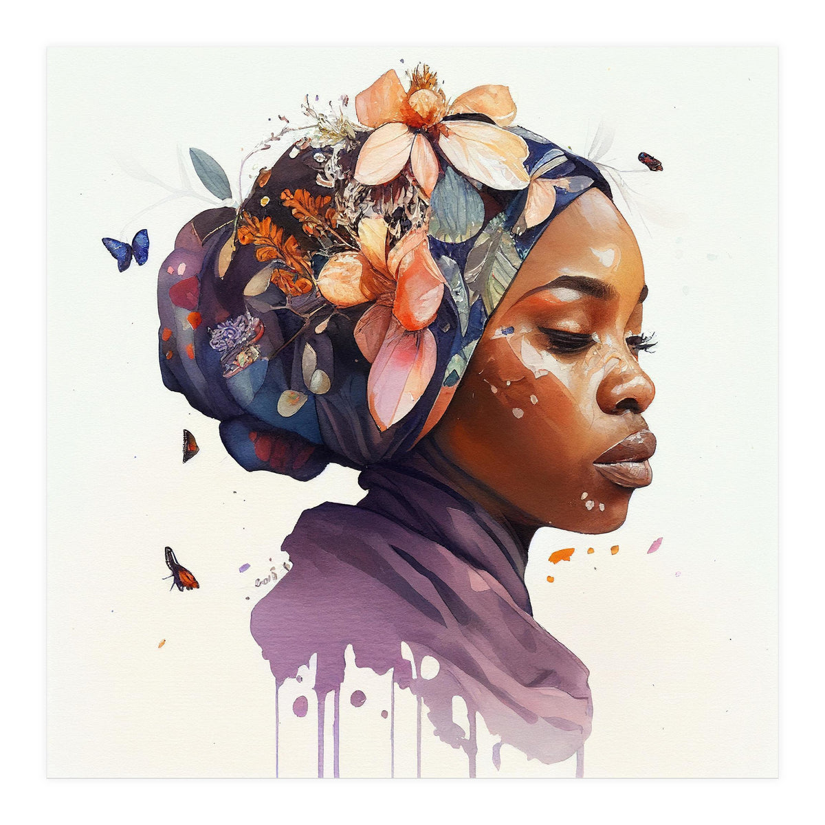Watercolor Floral Muslim African Woman #4 (Print Only)