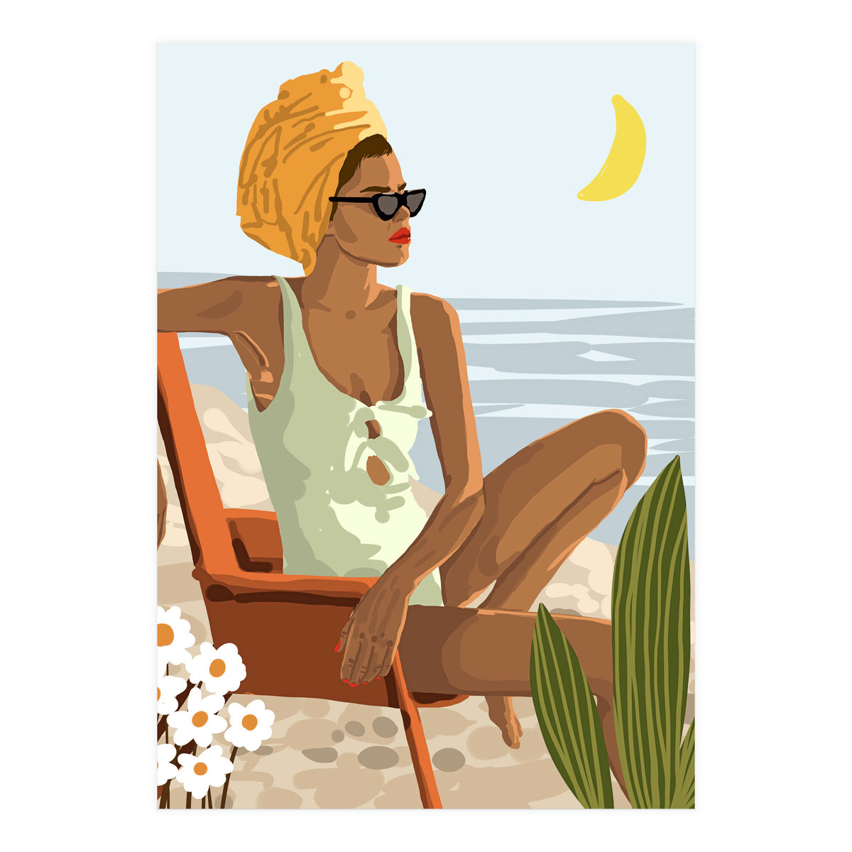 Moon Child, Beach Vacation, Black Woman Illustration Travel Ocean, Tropical Bohemian Fashion (Print Only)