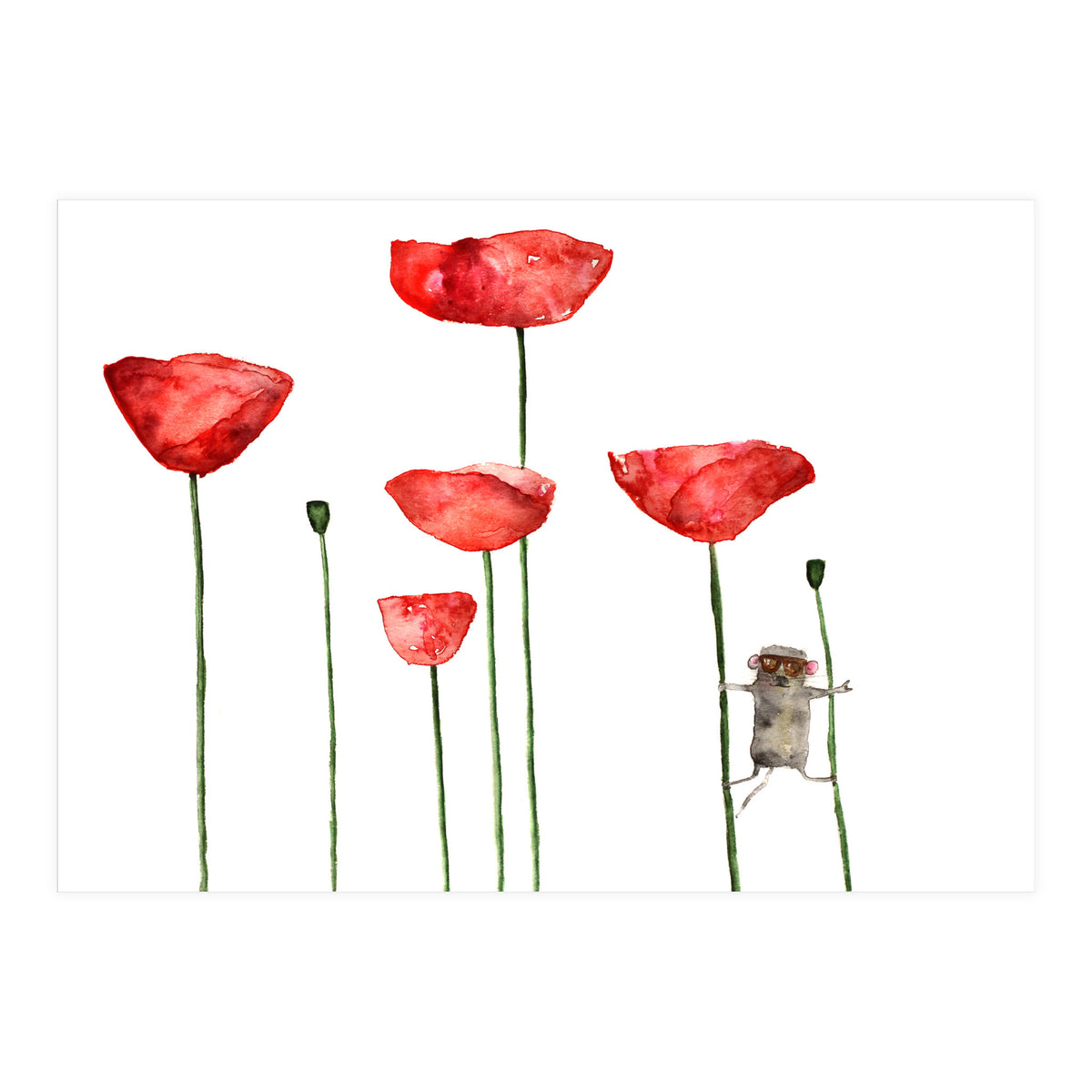 Little mouse loves big poppies || watercolor for nursery (Print Only)