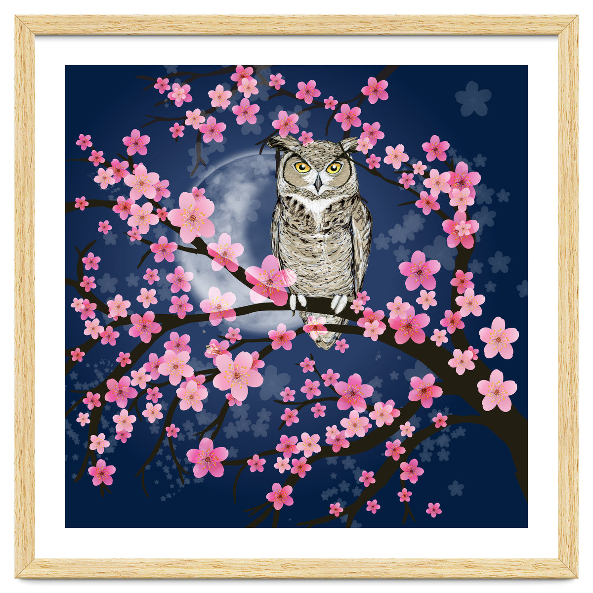 Great horned owl in a blossom tree