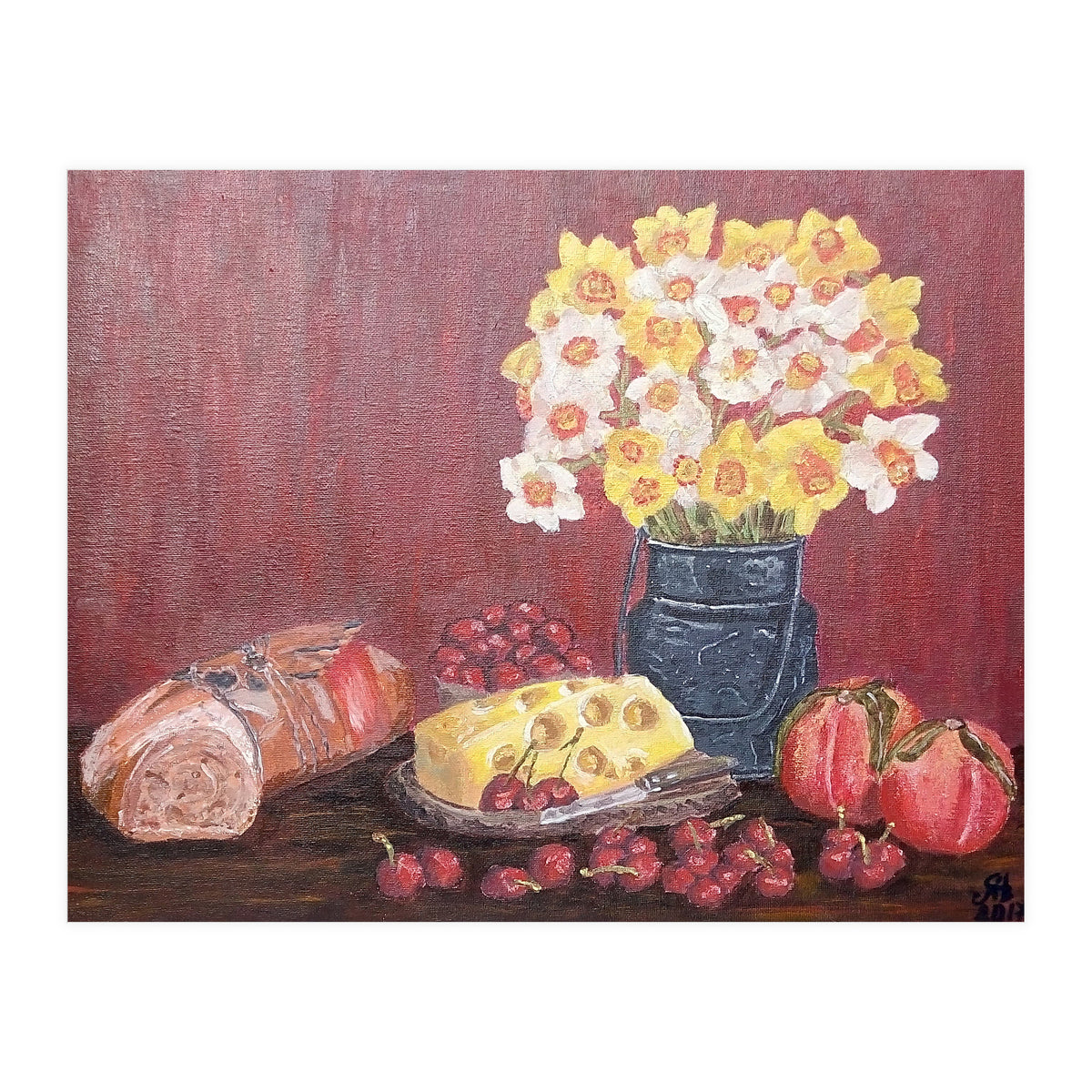 Still life with cheese, daffodils on a red background. (Print Only)
