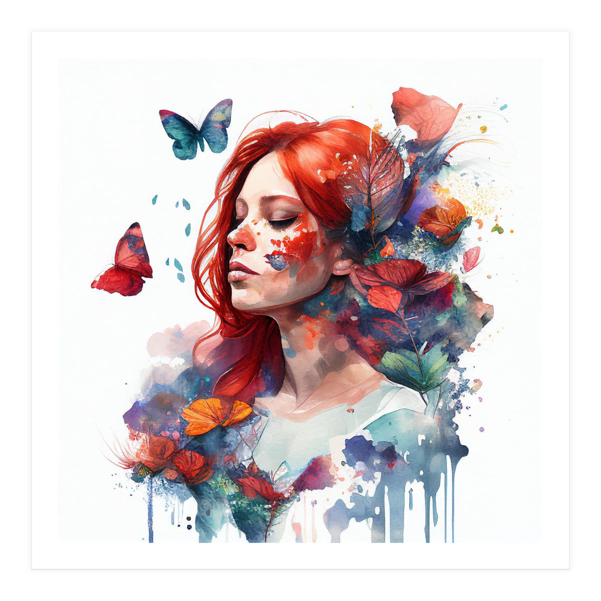 Watercolor Floral Red Hair Woman #2 (Print Only)