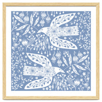 Doves And Flowers White On Blue