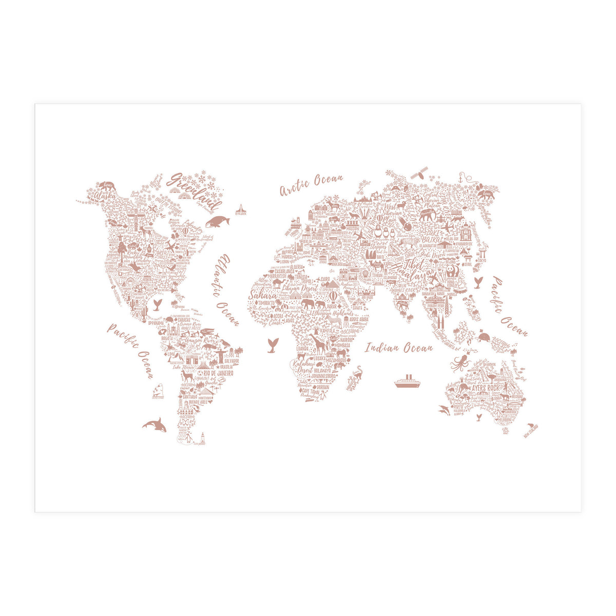 Typography World Map in Pink (Print Only)