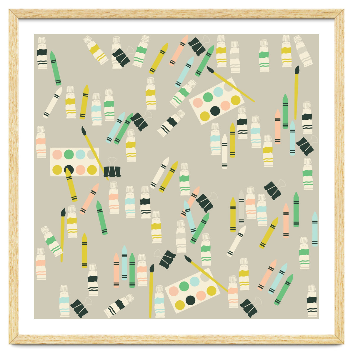 Artist pattern with crayons, watercolors and acrylic paint