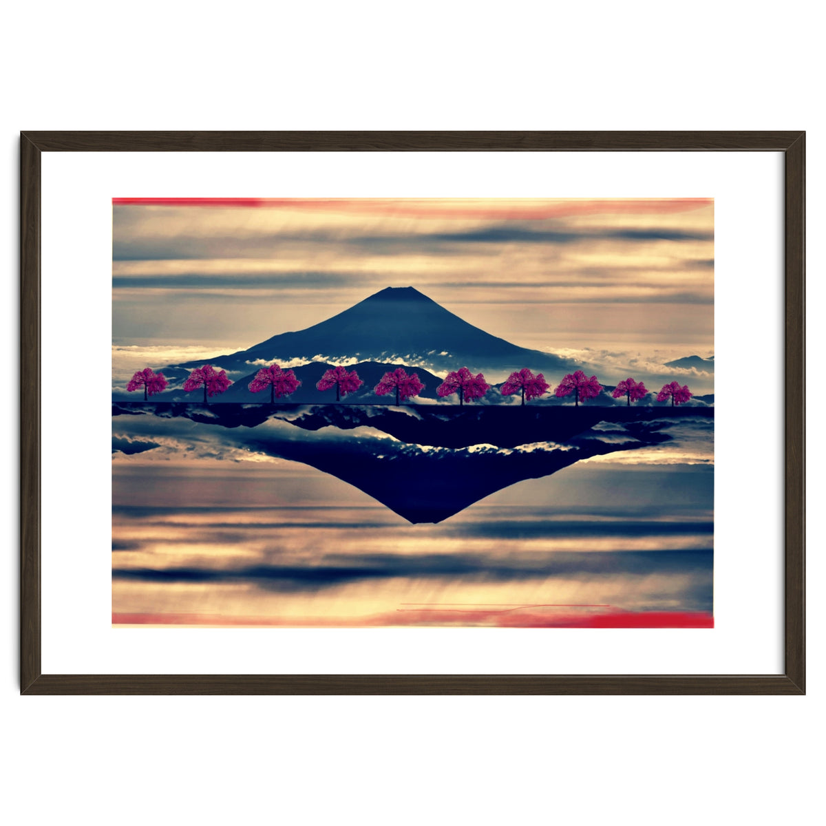 Reflection on Mount Fuji with cherry trees.