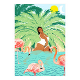 Tropical Summer Water Yoga with Palm & Flamingos | Woman of Color Black Woman Body Positivity (Print Only) thumbnail