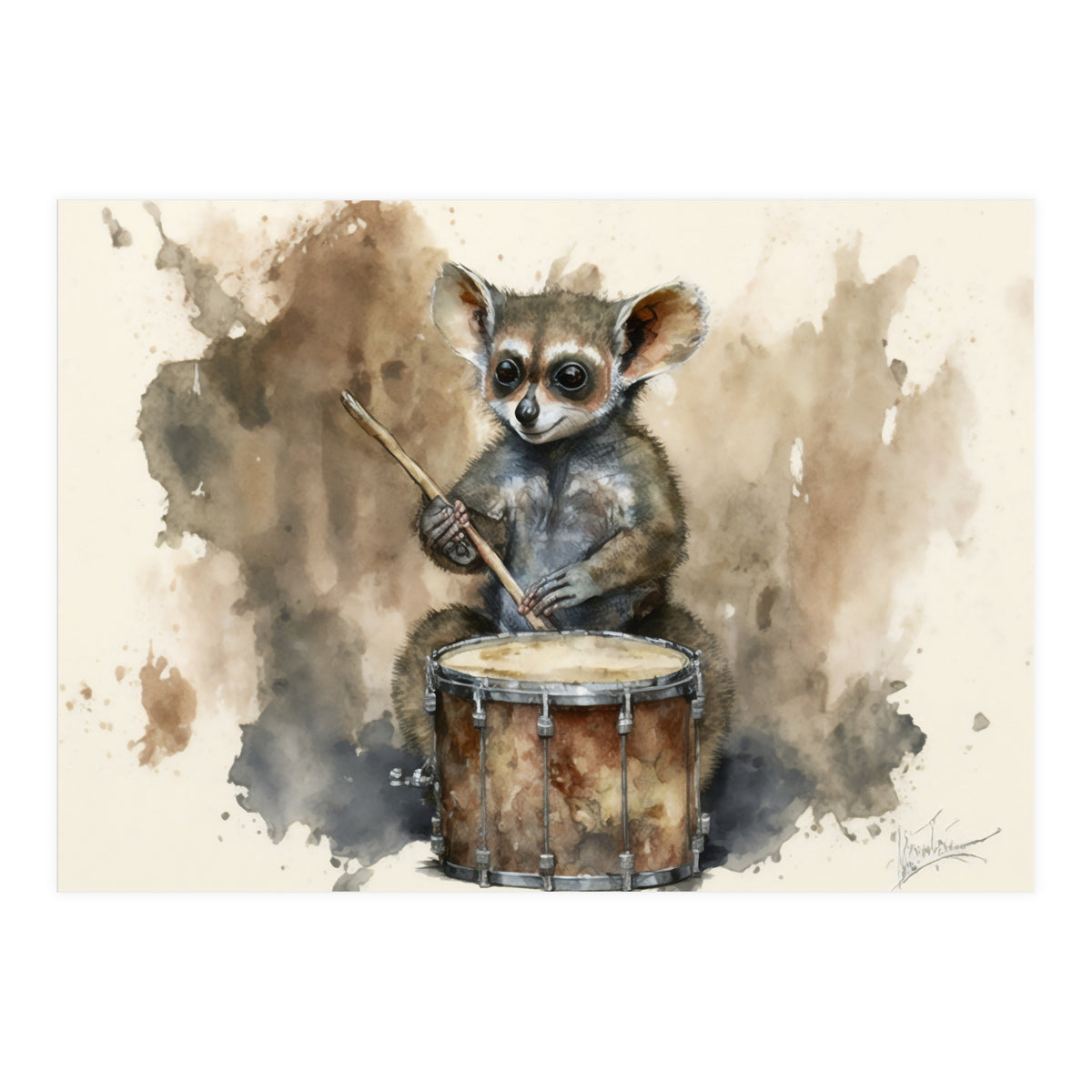 Bush Baby Playing Drum Watercolor Painting (Print Only)