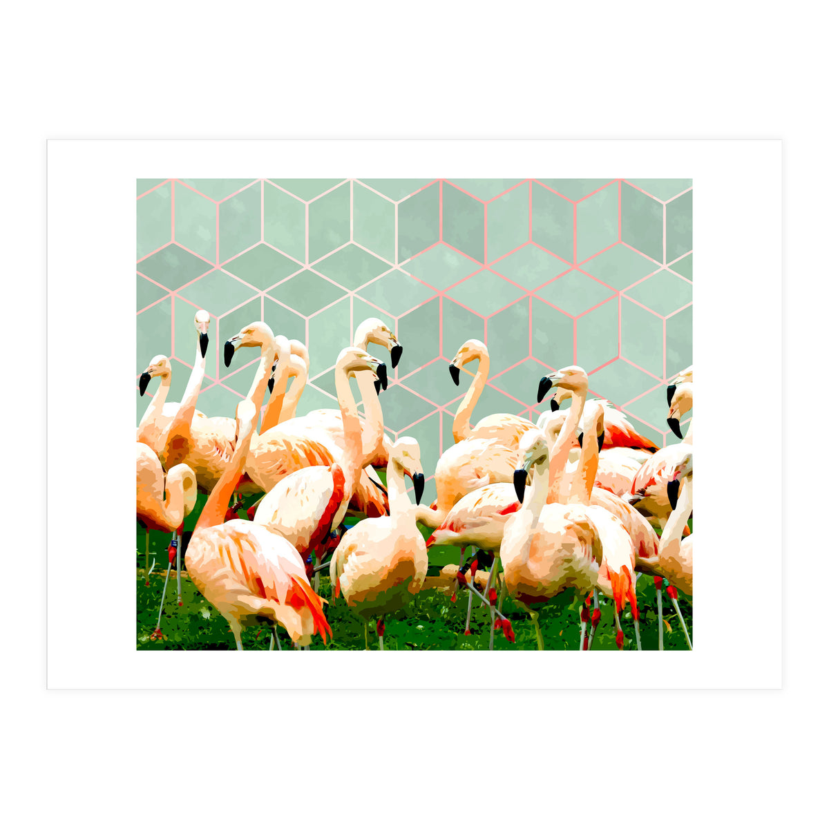 Flamingle Abstract Digital, Flamingo Wildlife Painting, Birds Geometric Collage  (Print Only)