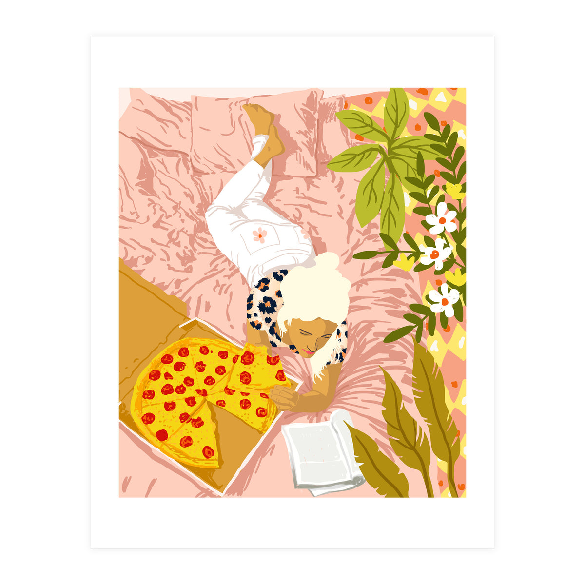 Pepperoni Pizza | Holiday Weekend Food Binge | Modern Bohemian Woman Reading in a Pastel Bedroom (Print Only)