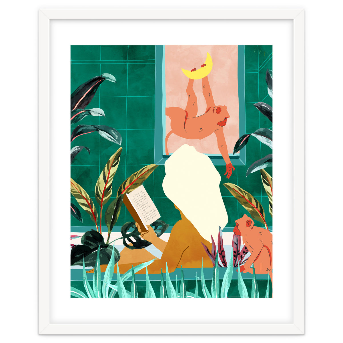 Urban Jungle Bath | Tropical Modern Bohemian Woman Bathtub | Pet Monkey Wild Animals Moon Watercolor