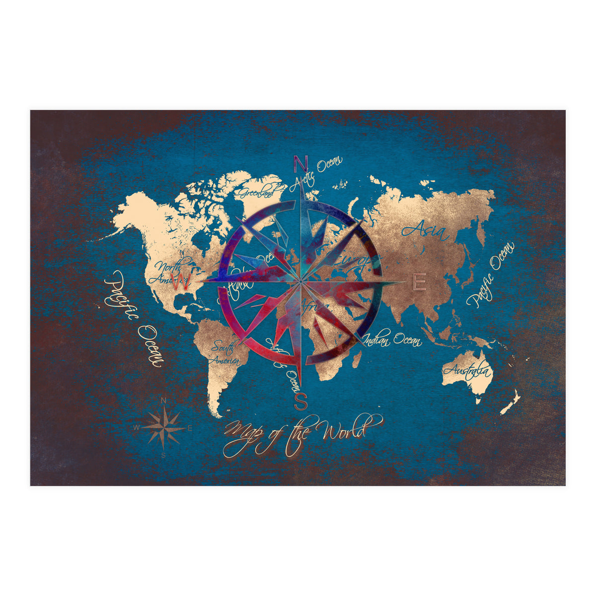 World Map Wind Rose blue (Print Only)