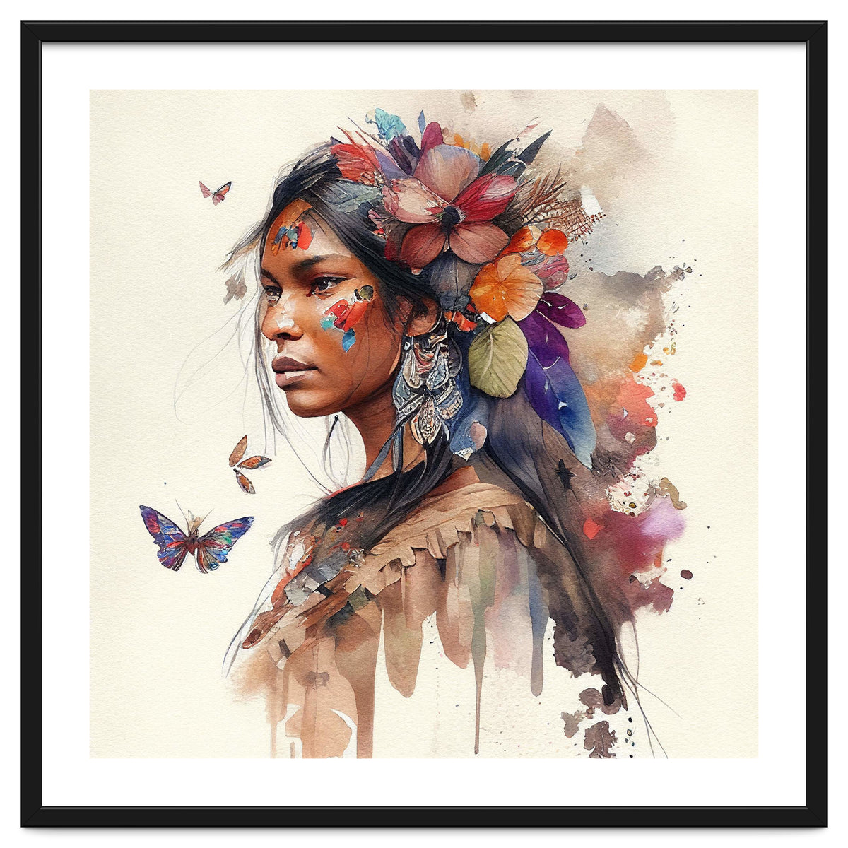 Watercolor Floral Indian Native Woman #9