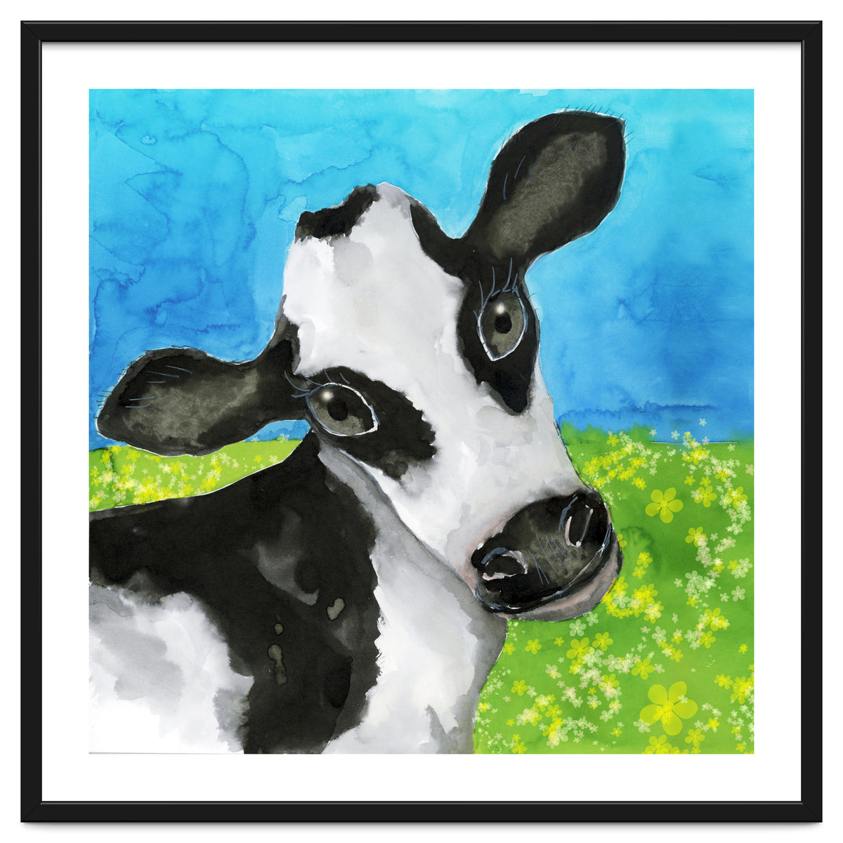 Cow in the meadow watercolor