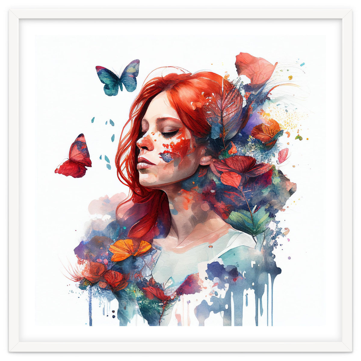 Watercolor Floral Red Hair Woman #2