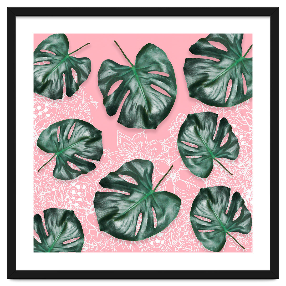 Modern 3d green tropical monstera leaf photo on blush pink white floral illustration