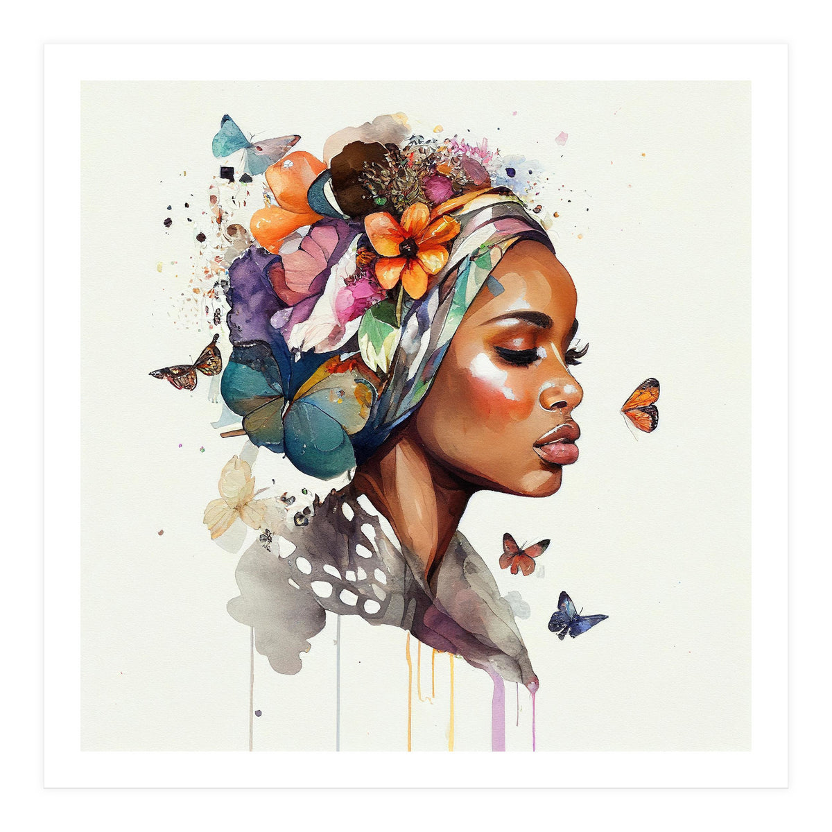 Watercolor Floral Muslim African Woman #3 (Print Only)