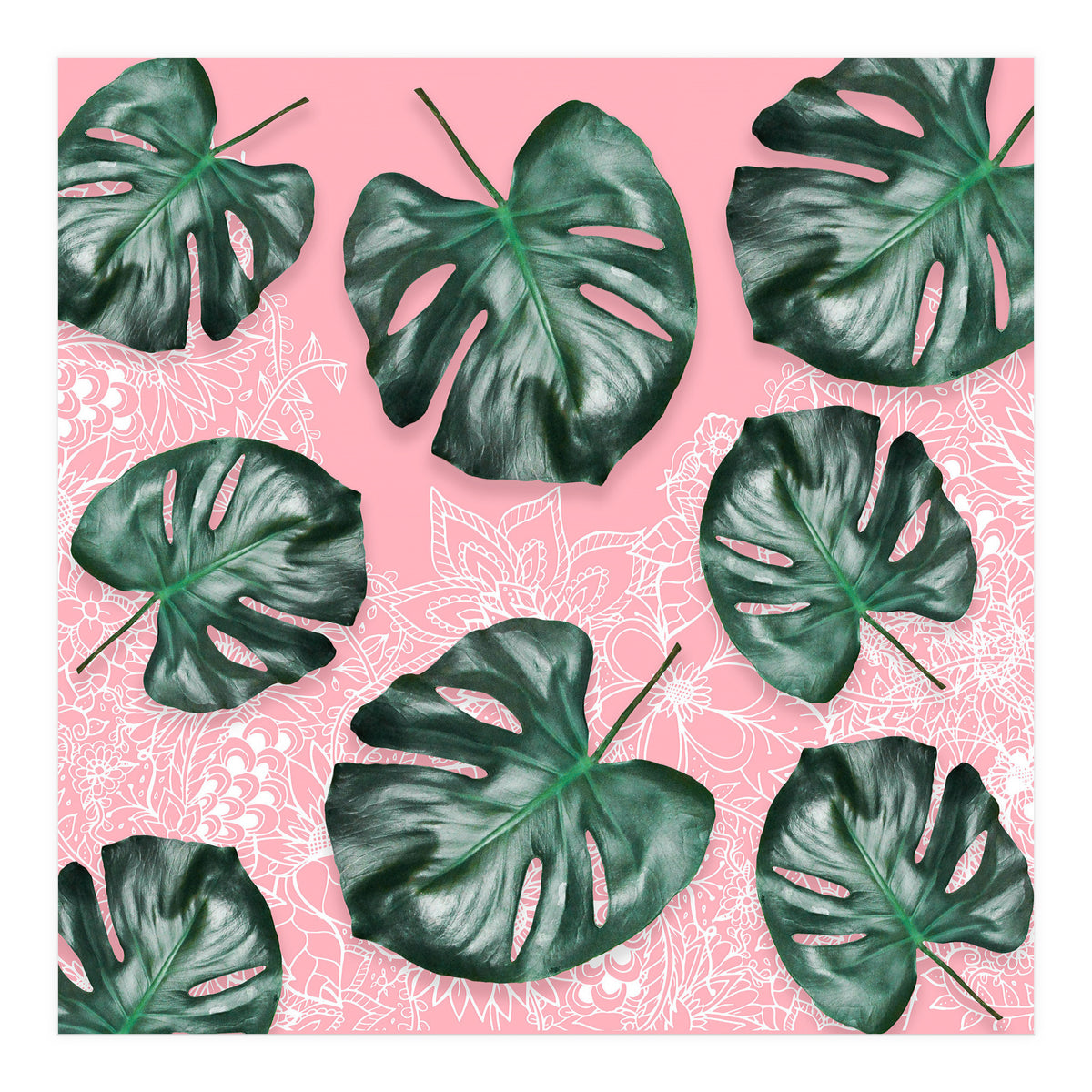 Modern 3d green tropical monstera leaf photo on blush pink white floral illustration (Print Only)