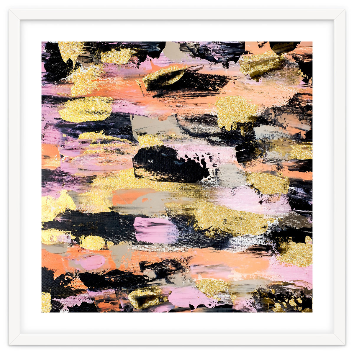 Modern Abstract Black Pink Salmon Gold Acrylic Brushstrokes Paint
