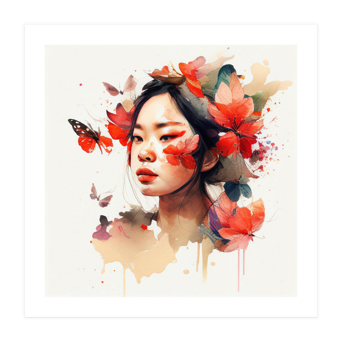 Watercolor Floral Asian Woman #5 (Print Only)