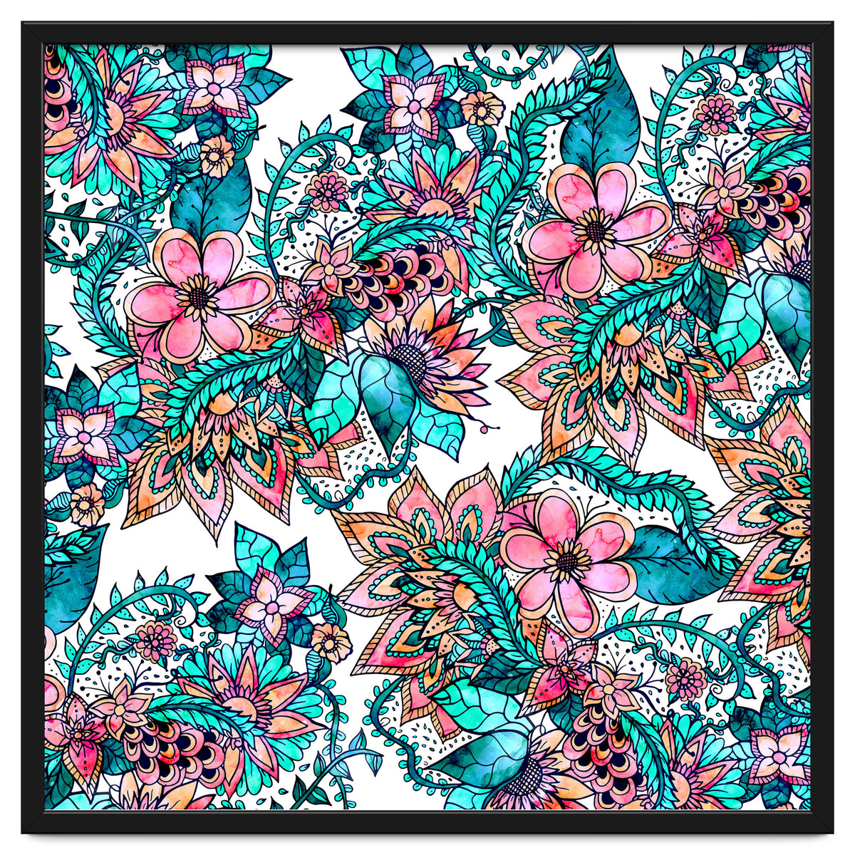 Boho turquoise pink floral watercolor illustration