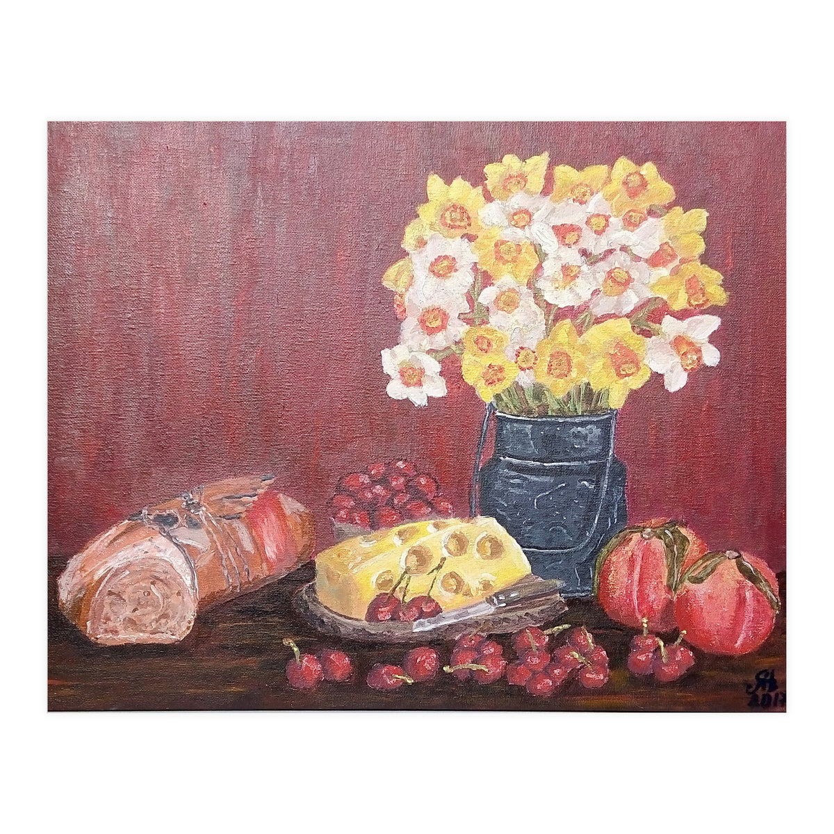 Still life with cheese, daffodils on a red background. (Print Only)
