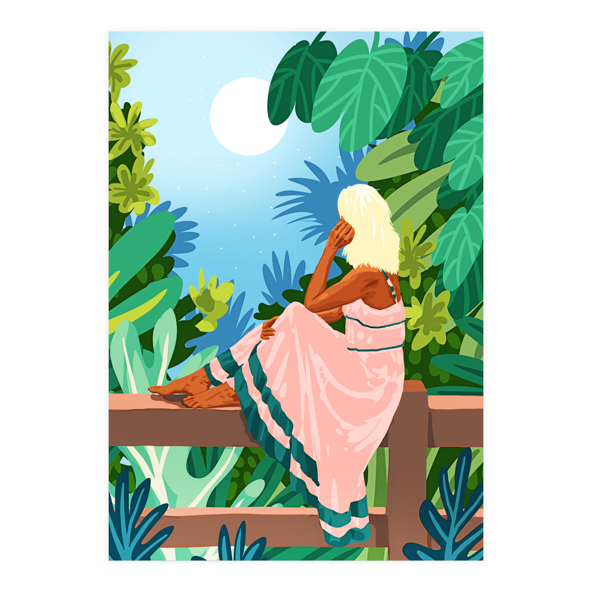Forest Moon, Bohemian Woman Jungle Nature Tropical Colorful Travel Fashion Illustration (Print Only)