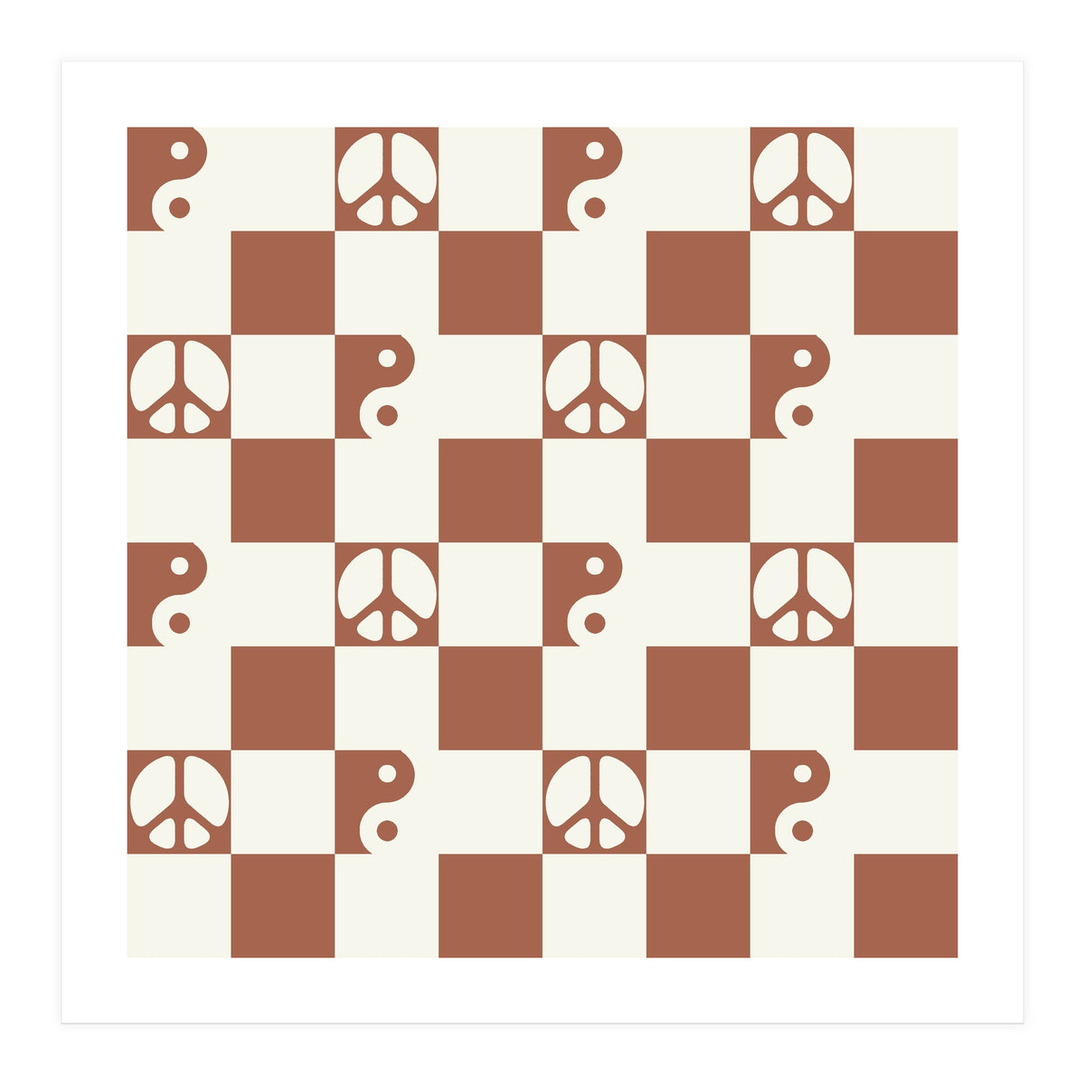 Checkered Peace Symbol & Yin Yang Pattern \\ Beige & Brown Color Palette (Print Only)
