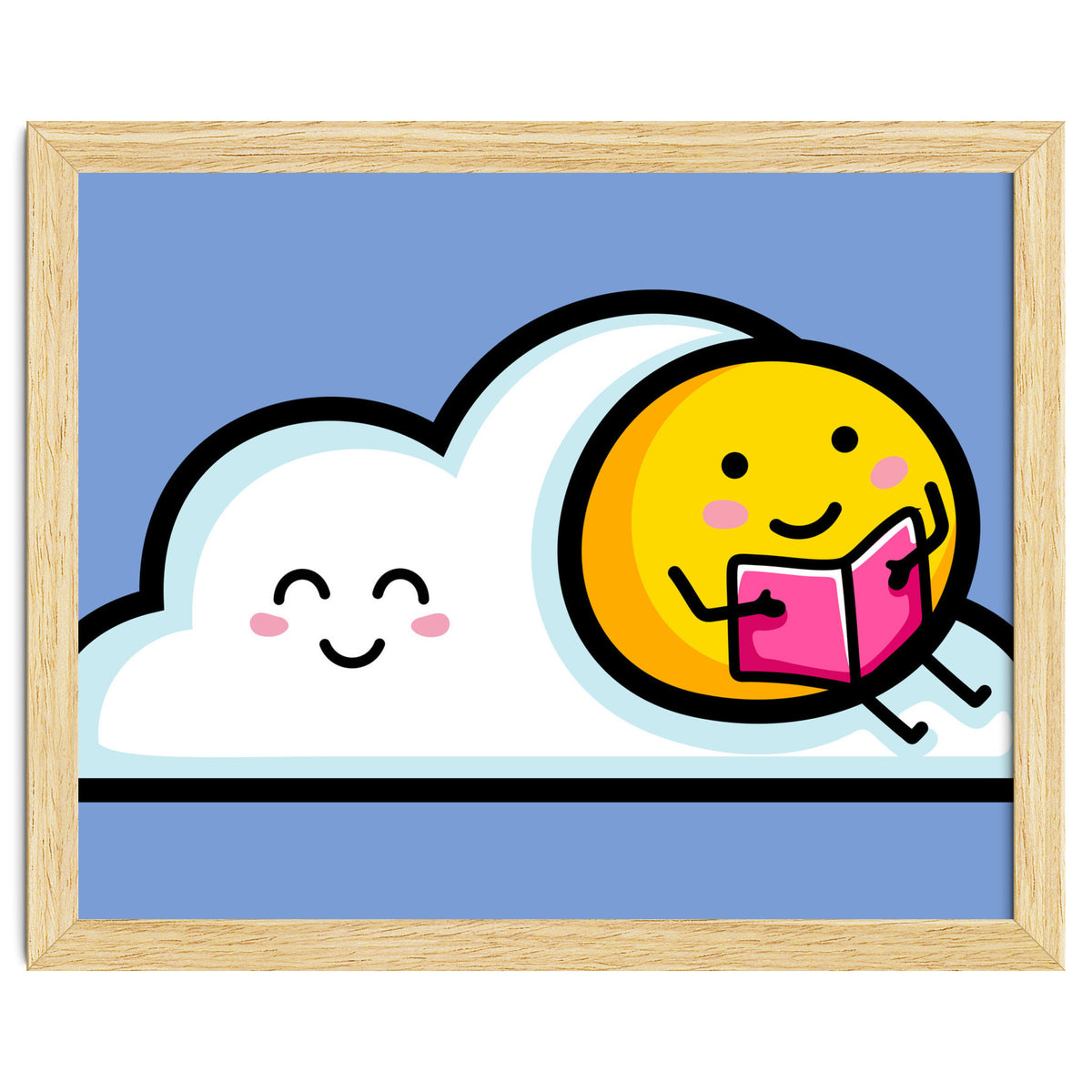 Kawaii Cute Sun Reading A Book On A Cloud