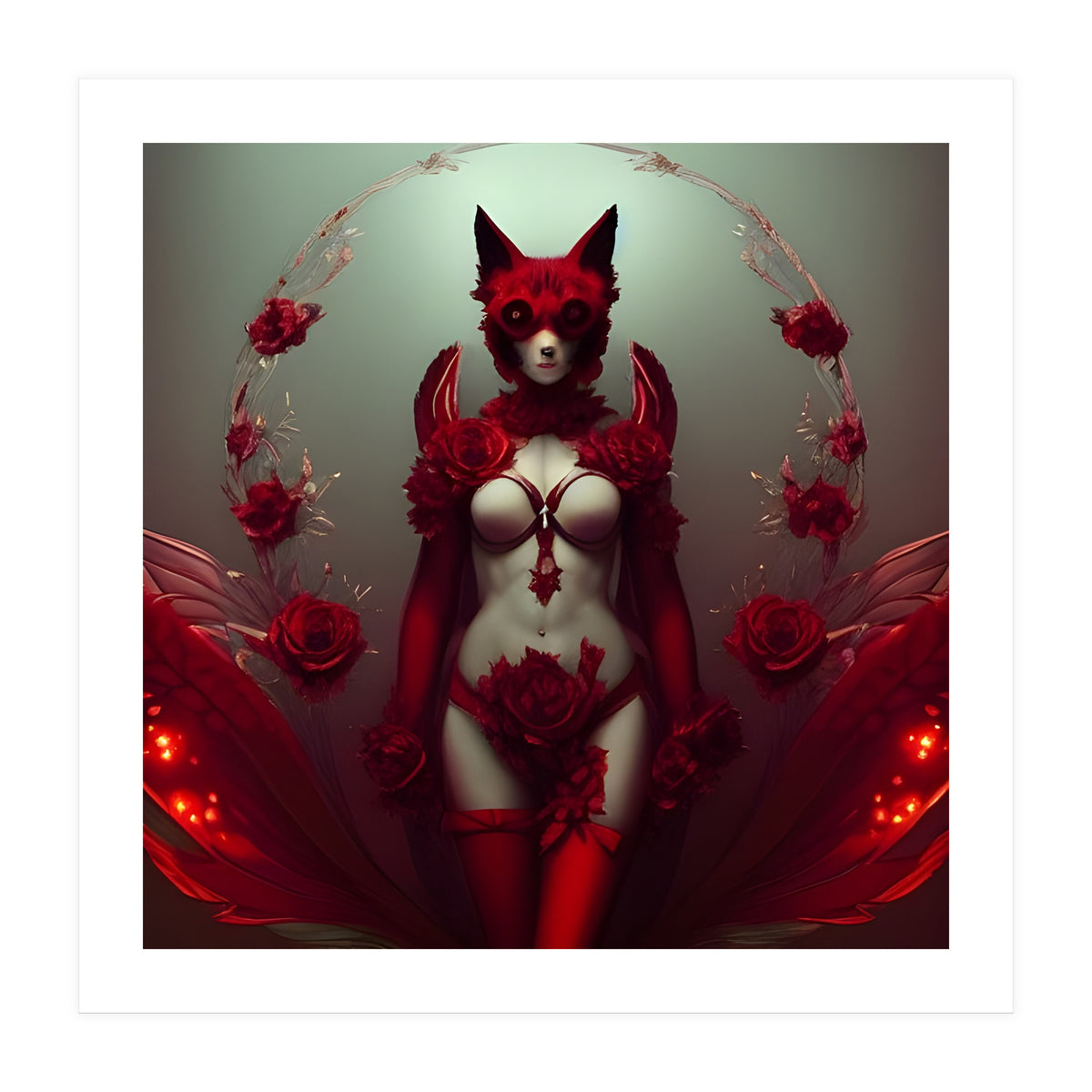 Red Floral Fox Vixen in Lingerie with Roses (Print Only)