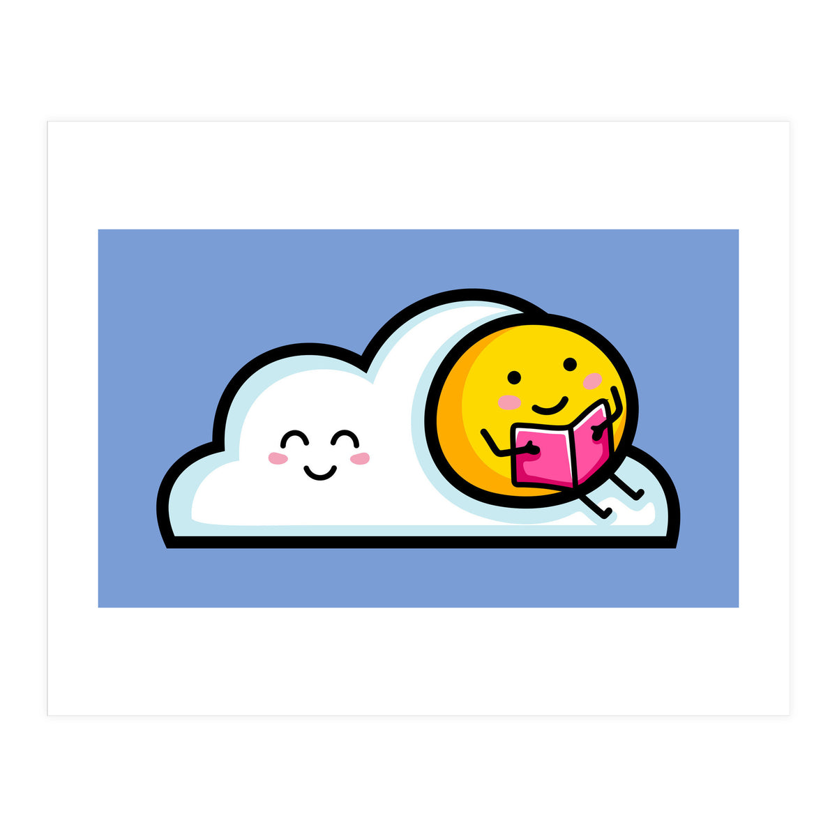 Kawaii Cute Sun Reading A Book On A Cloud (Print Only)